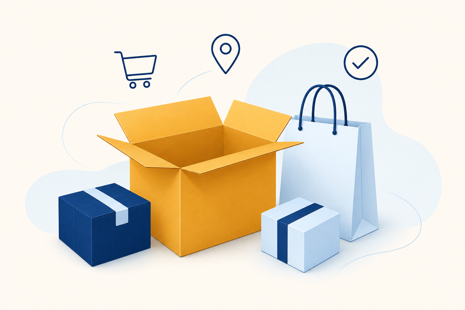 Friendly illustration of shipping boxes, packages, and a shopping bag